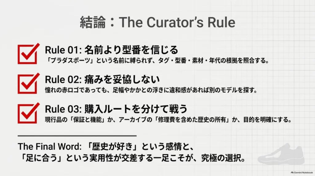 型番や素材の照合、足に合う履き心地、現行品と中古アーカイブで異なる購入条件という三つの判断軸