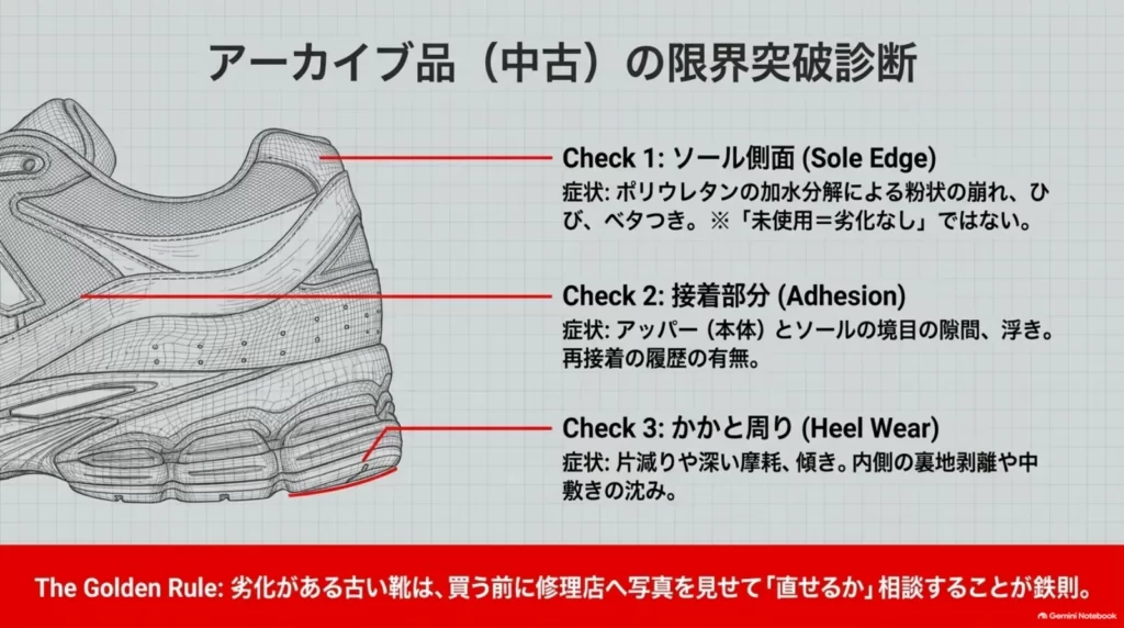 中古スニーカーのソール側面の崩れやひび、接着部分の浮き、かかとの摩耗を確認する位置を示した図