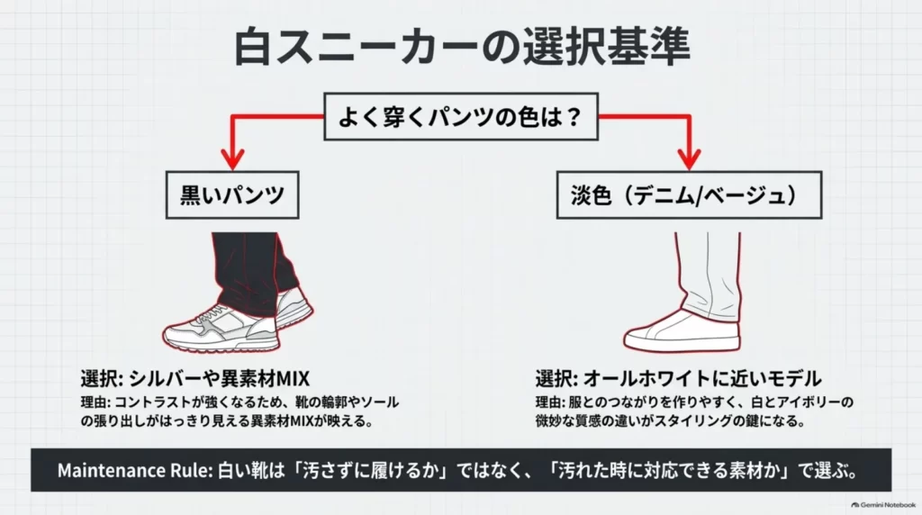 黒いパンツにはシルバーや異素材を組み合わせた白スニーカー、淡色パンツにはオールホワイトに近いモデルを合わせる例