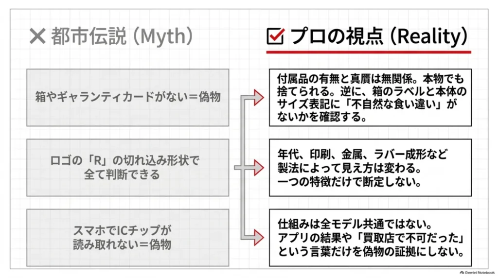 箱やカードの有無、ロゴのRの形、ICチップの読み取り結果だけでプラダスニーカーの真贋を断定しないための比較図