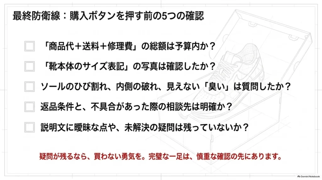 購入総額、サイズ表記、ソールや内側と臭い、返品条件と相談先、説明の不明点を確認する5項目のチェックリスト