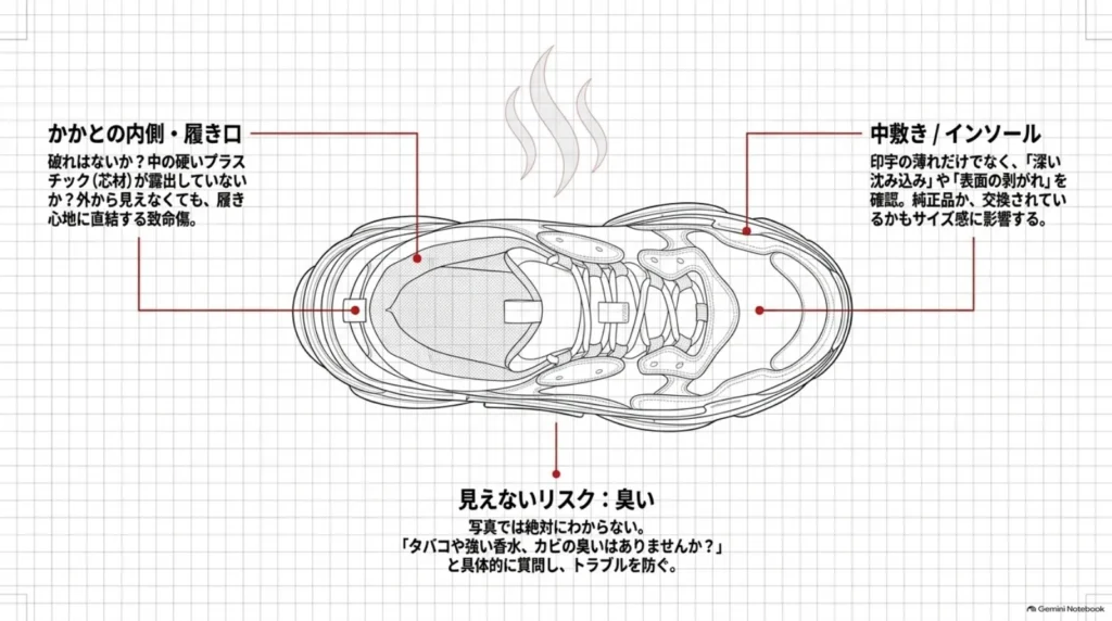 かかとの内側や履き口の破れ、中敷きの沈み込みや交換歴、写真ではわからない臭いの確認ポイント