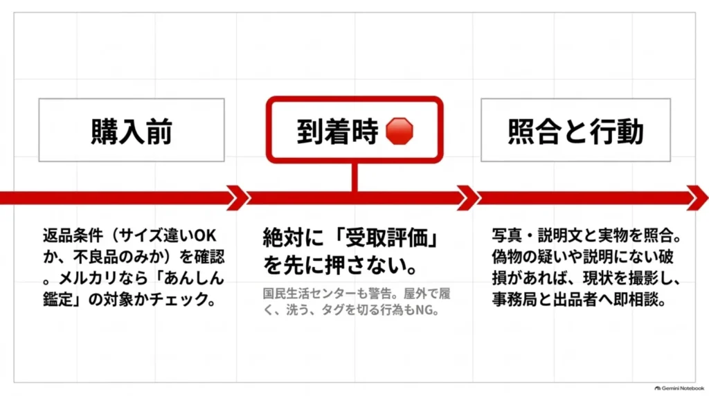 購入前の返品条件と鑑定対象の確認から、到着後の商品照合、問題がある場合の受取評価前の相談までを示した流れ図