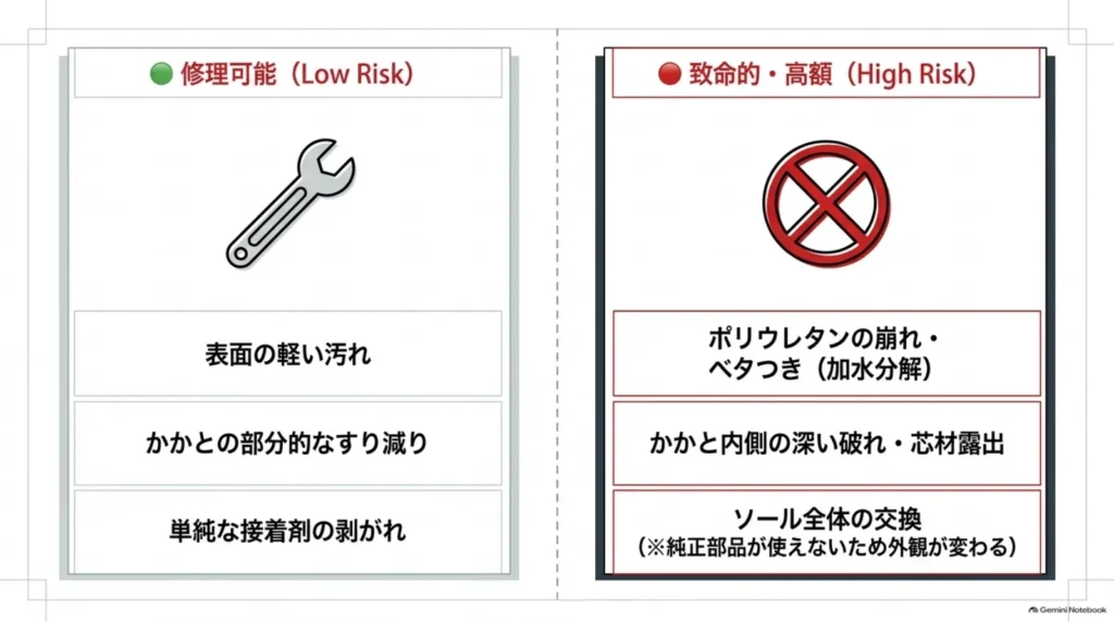 軽い汚れや部分的な摩耗と、ソール素材の崩れや内側の深い破れ、ソール全交換を比較した図