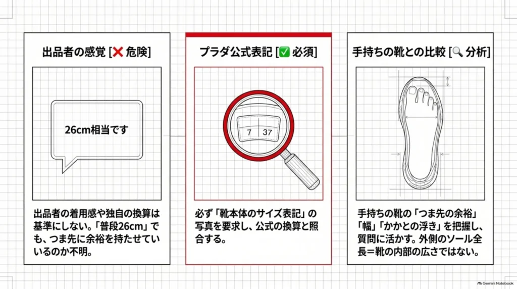 出品者のサイズ換算だけに頼らず、靴本体のサイズ表記を確認し、手持ちの靴の履き心地と比較する手順