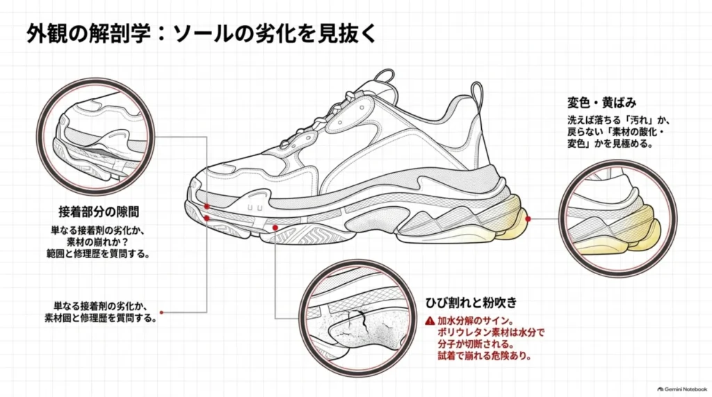 ソールとアッパーの接着部分の隙間、ひび割れや粉吹き、黄ばみなど、劣化を確認する箇所を示した図