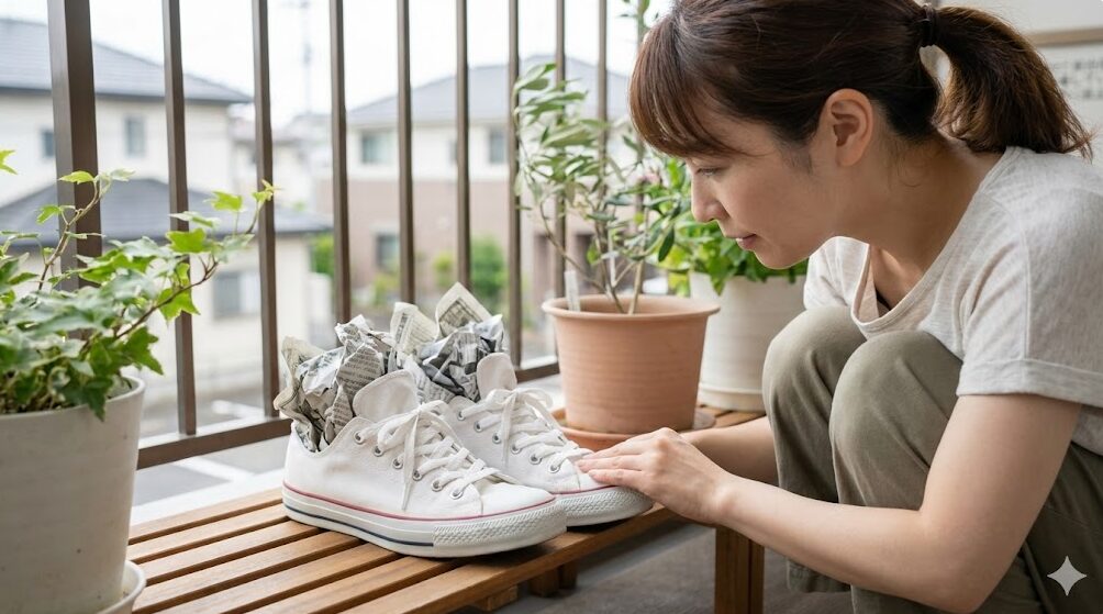 型崩れとサビ防止のために新聞紙を詰め込み、風通しの良い日陰で乾燥させている白いスニーカー
