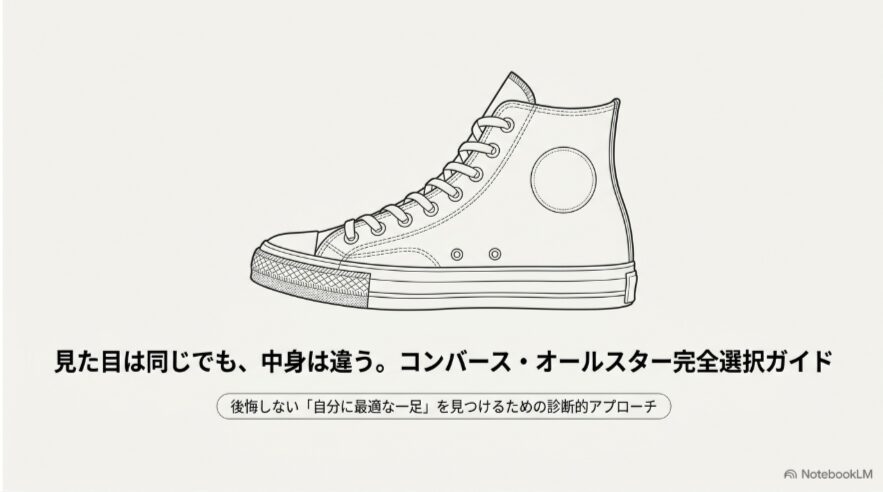 ハイカットスニーカーの線画と、見た目が似ていても中身が異なることを示したコンバース・オールスター選択ガイドの表紙