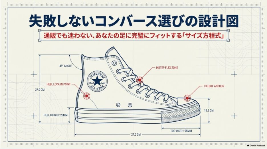 コンバースオールスターのサイズ選びを設計図風に整理し、足に合うサイズを選ぶ考え方を示したスライド