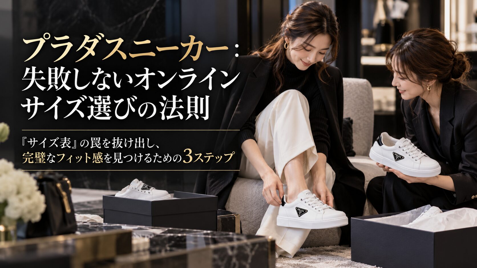 プラダのスニーカーのサイズを確かめる女性二人組