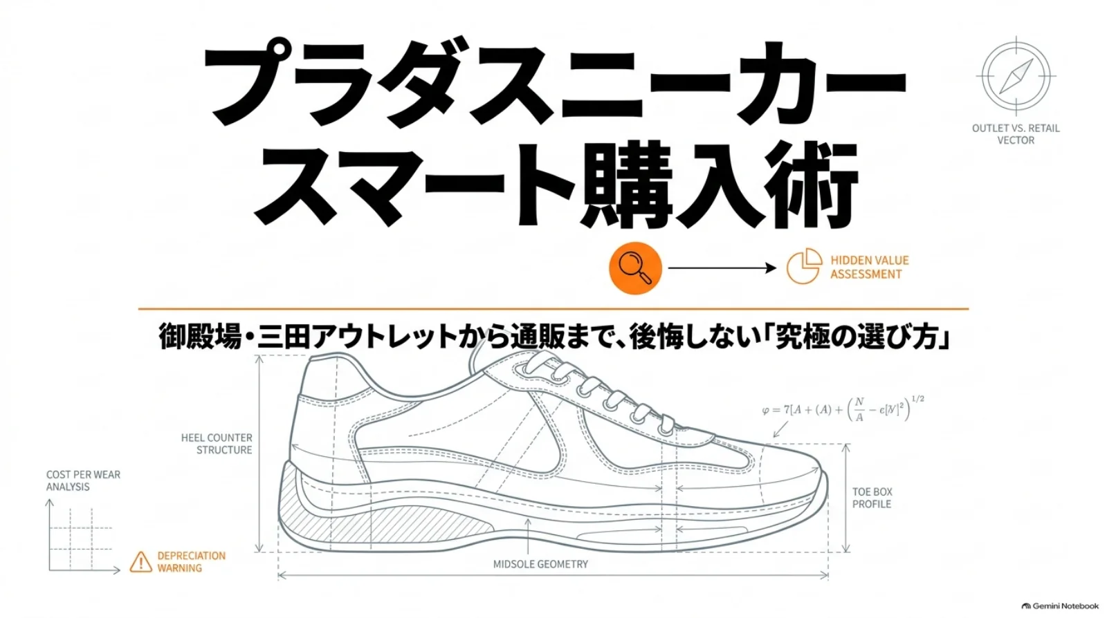 スニーカーの線画と、御殿場・三田のアウトレットから通販まで後悔しない選び方を紹介する表紙。